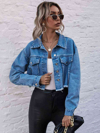 Raw Hem Collared Neck Denim Jacket - Angel's Dream