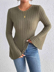 Ribbed Round Neck Flare Sleeve Top - Angel's Dream