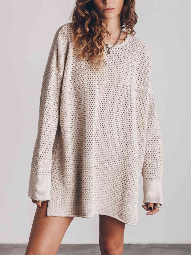 Openwork Round Neck Long Sleeve Slit Sweater - Angel's Dream