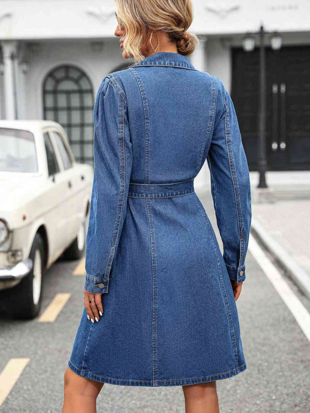 Button Down Long Sleeve Denim Dress - Angel's Dream