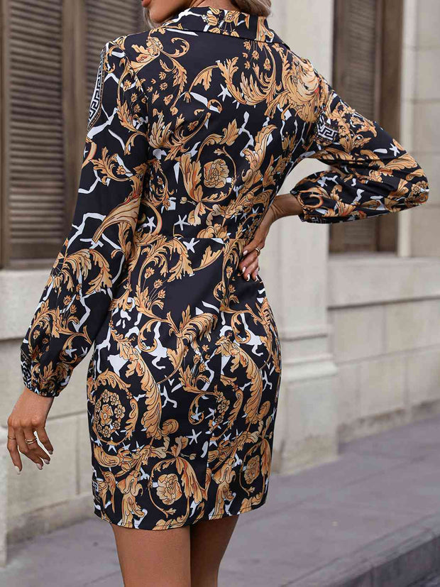 Tie Front Printed Collared Neck Shirt Dress - Angel's Dream