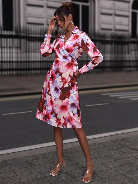 Floral Print Collared Neck Slit Dress - Angel's Dream