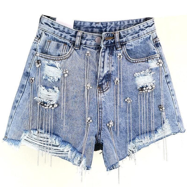 Tassel Rhinestone Denim Shorts - Angel's Dream