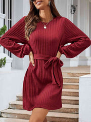 Round Neck Tie Front Long Sleeve Dress - Angel's Dream