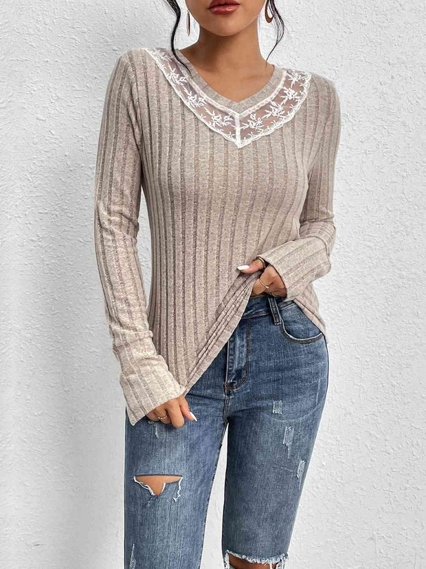 Lace Detail Ribbed V-Neck Long Sleeve Top - Angel's Dream