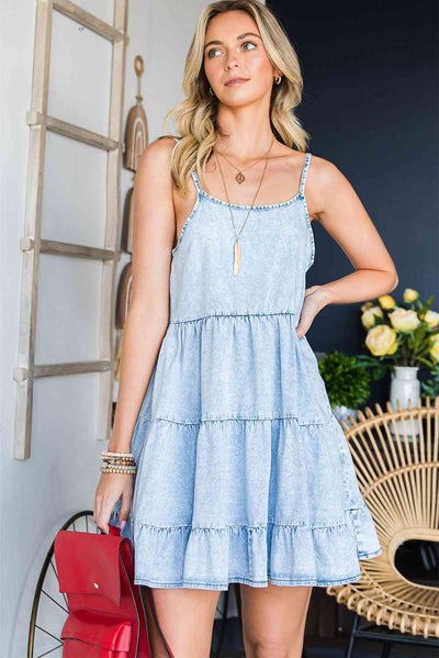 Spaghetti Strap Tiered Denim Dress - Angel's Dream