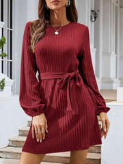 Round Neck Tie Front Long Sleeve Dress - Angel's Dream