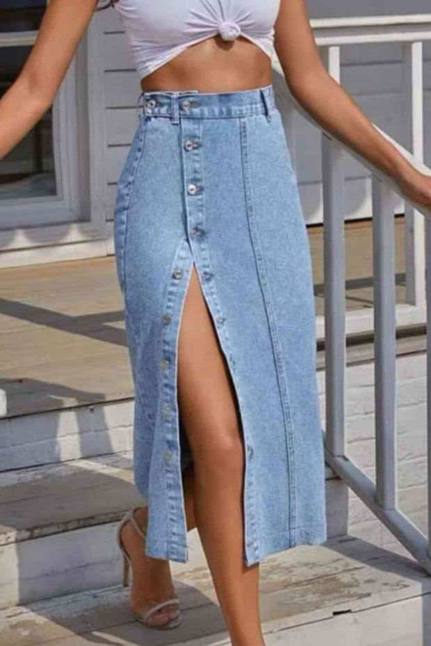 Buttoned Split Denim Skirt - Angel's Dream