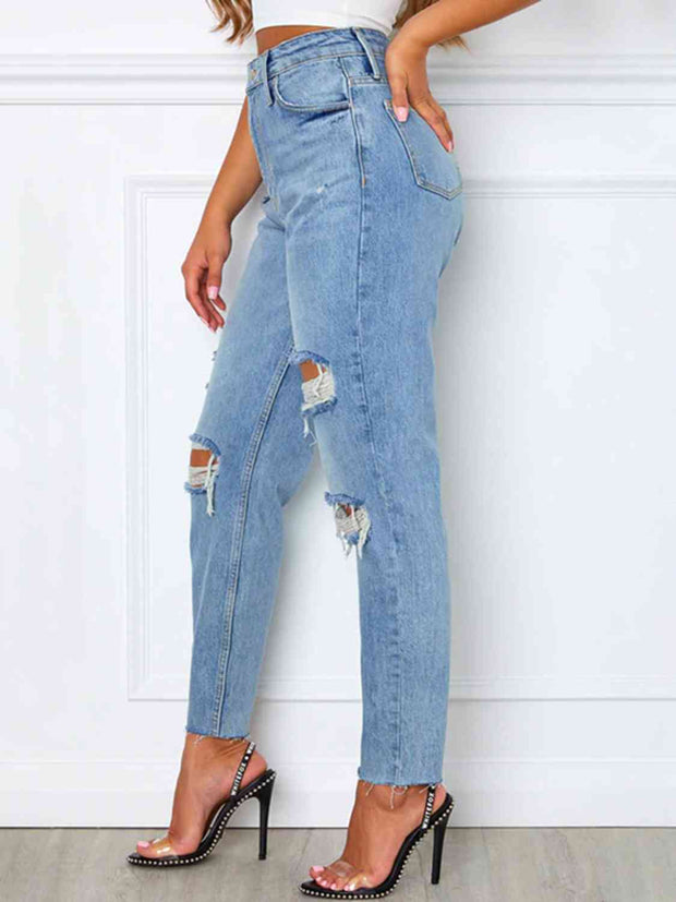 Distressed High Waist Straight Jeans - Angel's Dream