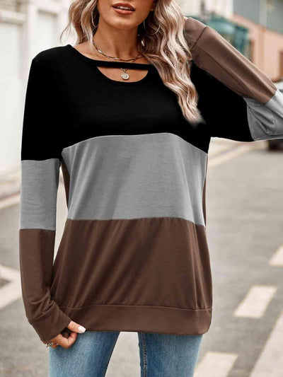 Color Block Cutout Round Neck Long Sleeve T-Shirt - Angel's Dream