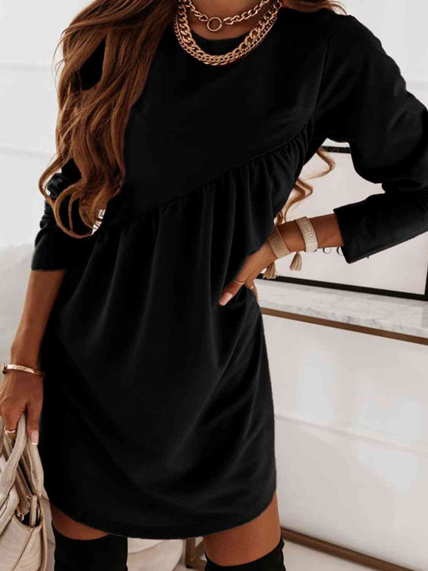 Ruched Round Neck Long Sleeve Dress - Angel's Dream