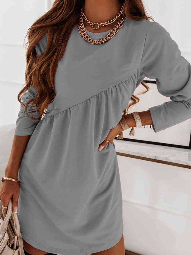 Ruched Round Neck Long Sleeve Dress - Angel's Dream