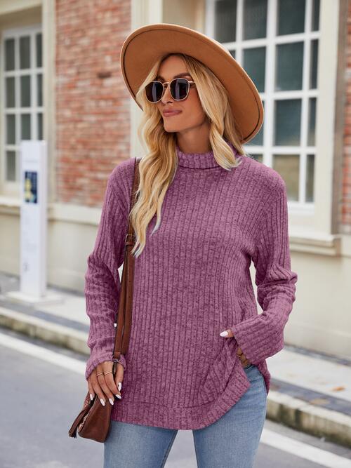 Ribbed Turtleneck Long Sleeve Slit Knit Top - Angel's Dream