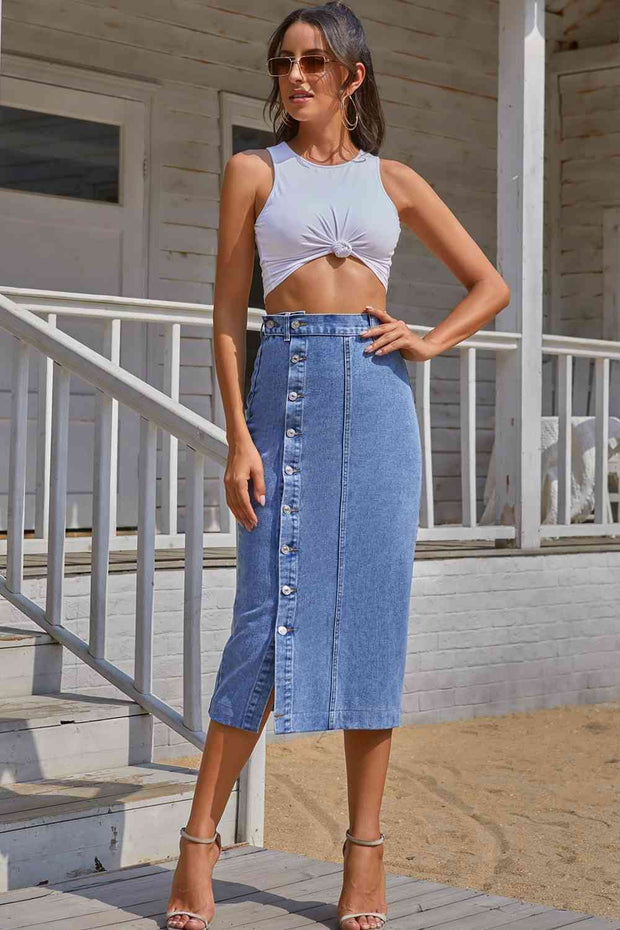 Split Buttoned Denim Skirt - Angel's Dream