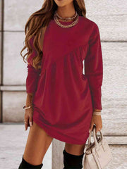 Ruched Round Neck Long Sleeve Dress - Angel's Dream