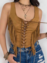 Fringe Lace-Up Vest - Angel's Dream