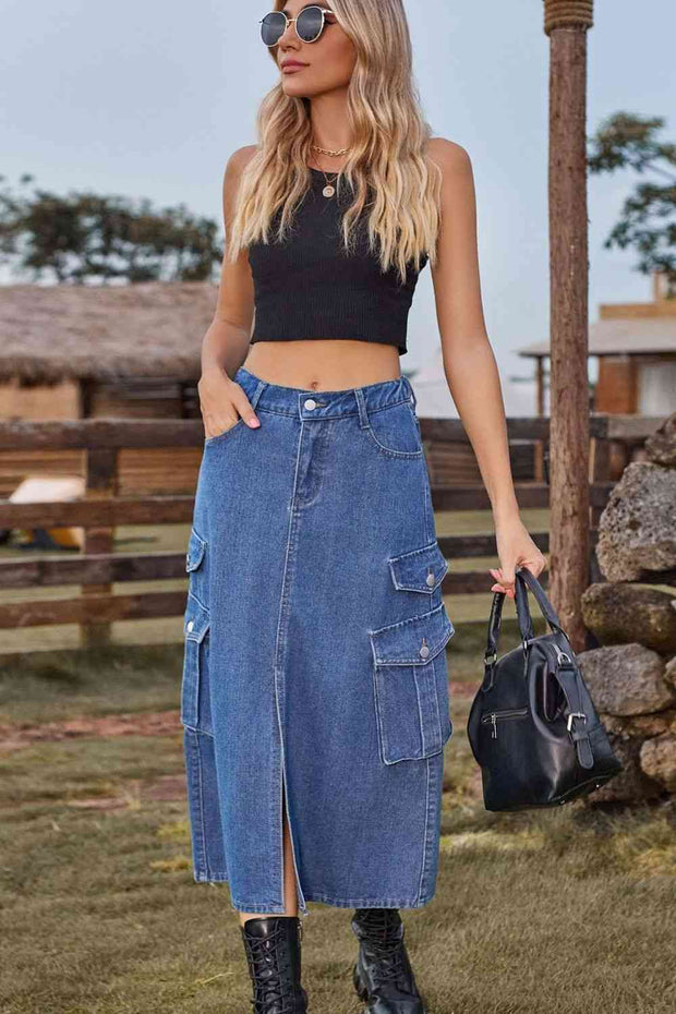 Slit Front Midi Denim Skirt with Pockets - Angel's Dream