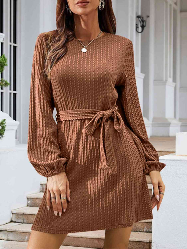 Round Neck Tie Front Long Sleeve Dress - Angel's Dream