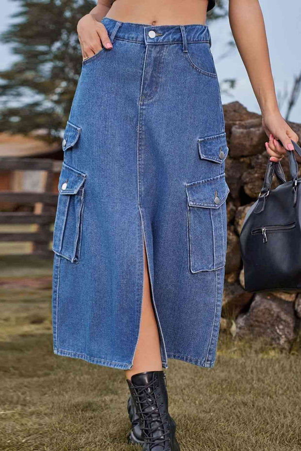 Slit Front Midi Denim Skirt with Pockets - Angel's Dream