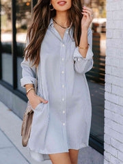 Striped Button Up Collared Neck Long Sleeve Shirt Dress - Angel's Dream