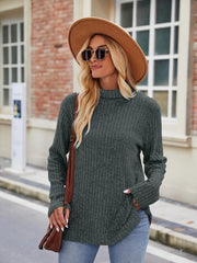 Ribbed Turtleneck Long Sleeve Slit Knit Top - Angel's Dream