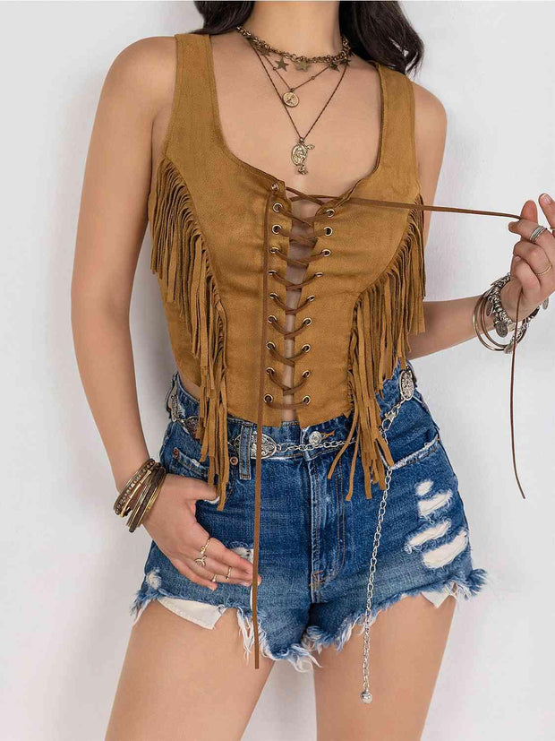 Fringe Lace-Up Vest - Angel's Dream