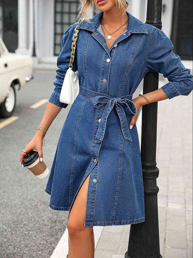 Button Down Long Sleeve Denim Dress - Angel's Dream