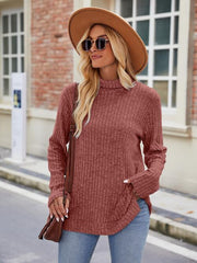 Ribbed Turtleneck Long Sleeve Slit Knit Top - Angel's Dream