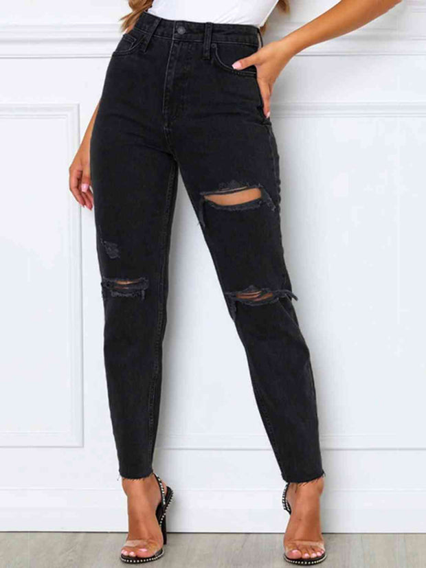 Distressed High Waist Straight Jeans - Angel's Dream