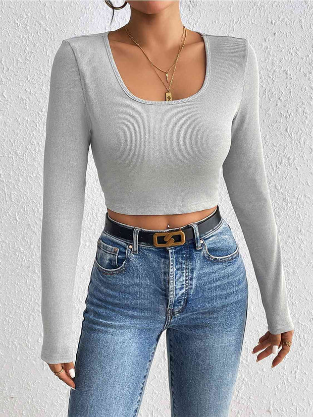 Scoop Neck Cropped Long Sleeve Blouse - Angel's Dream