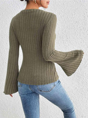 Ribbed Round Neck Flare Sleeve Top - Angel's Dream