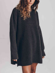 Openwork Round Neck Long Sleeve Slit Sweater - Angel's Dream