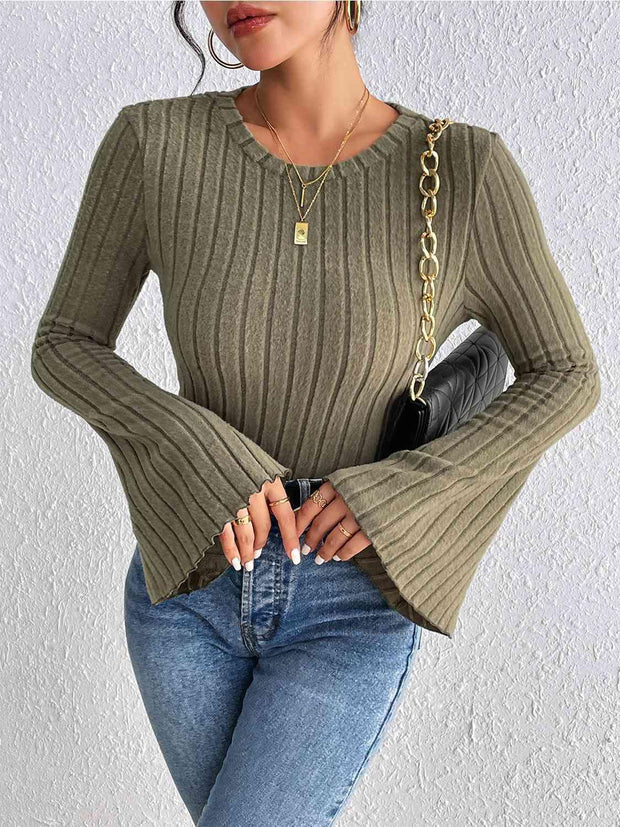 Ribbed Round Neck Flare Sleeve Top - Angel's Dream