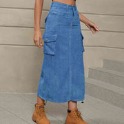 Drawstring Ruched Slit Denim Midi Skirt - Angel's Dream