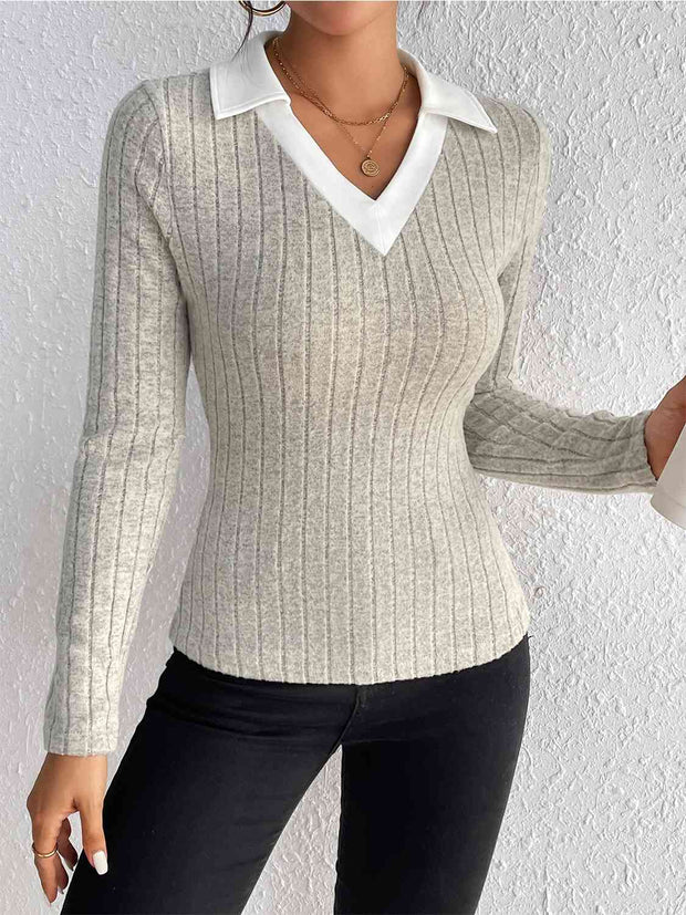 Ribbed Johnny Collar Long Sleeve Blouse - Angel's Dream