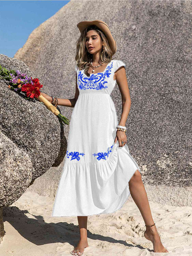 Embroidered Square Neck Ruffle Hem Dress - Angel's Dream