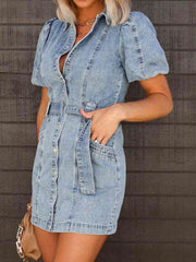 Puff Sleeve Button Up Mini Denim Dress - Angel's Dream