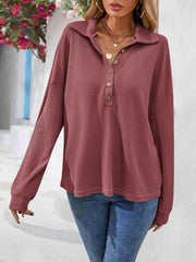 Half Button Collared Neck Long Sleeve Top - Angel's Dream