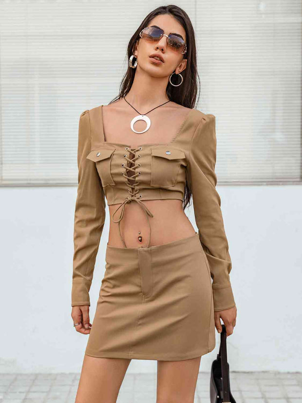 Lace-Up Cropped Top and Skirt Set - Angel's Dream