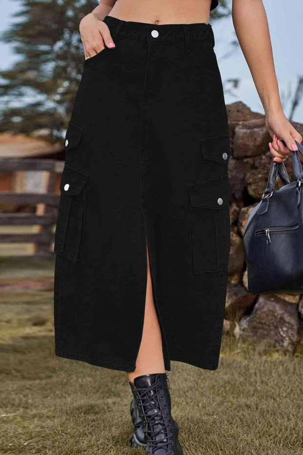 Slit Front Midi Denim Skirt with Pockets - Angel's Dream