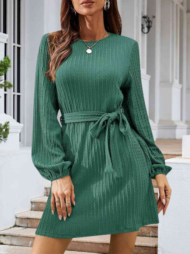 Round Neck Tie Front Long Sleeve Dress - Angel's Dream