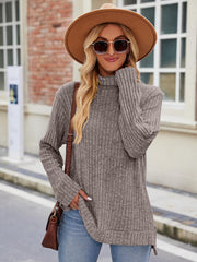 Ribbed Turtleneck Long Sleeve Slit Knit Top - Angel's Dream