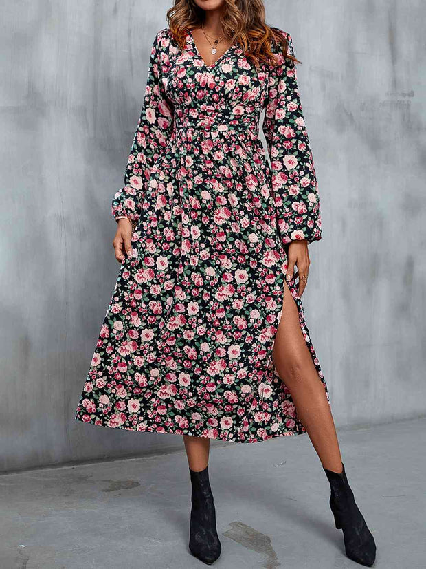 Floral V-Neck Slit Midi Dress - Angel's Dream