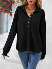 Half Button Collared Neck Long Sleeve Top - Angel's Dream