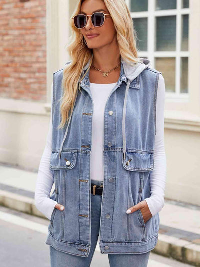 Drawstring Hooded Sleeveless Denim Jacket - Angel's Dream