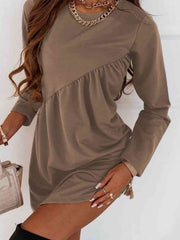 Ruched Round Neck Long Sleeve Dress - Angel's Dream