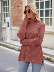 Ribbed Turtleneck Long Sleeve Slit Knit Top - Angel's Dream