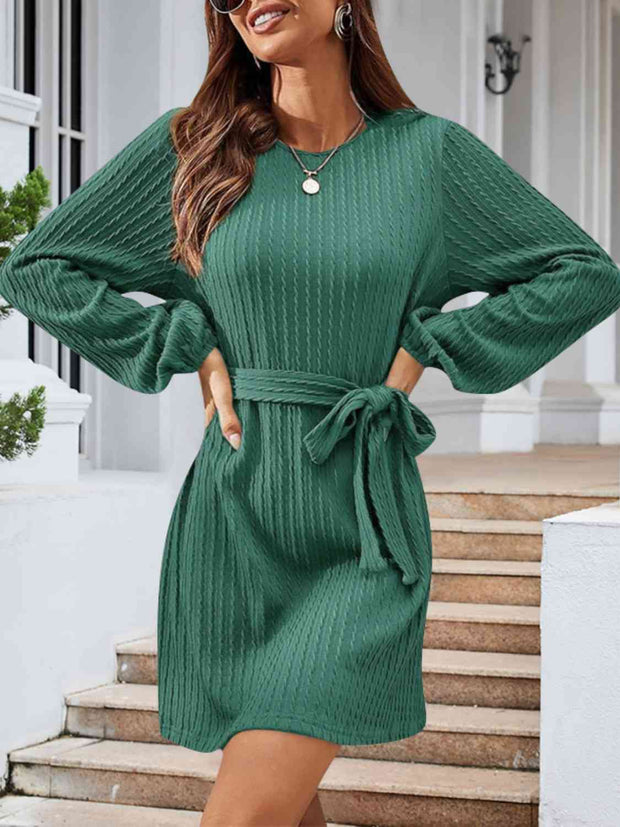 Round Neck Tie Front Long Sleeve Dress - Angel's Dream