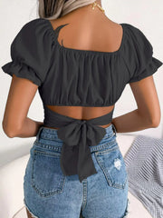 Square Neck Crisscross Flounce Sleeve Cropped Top - Angel's Dream