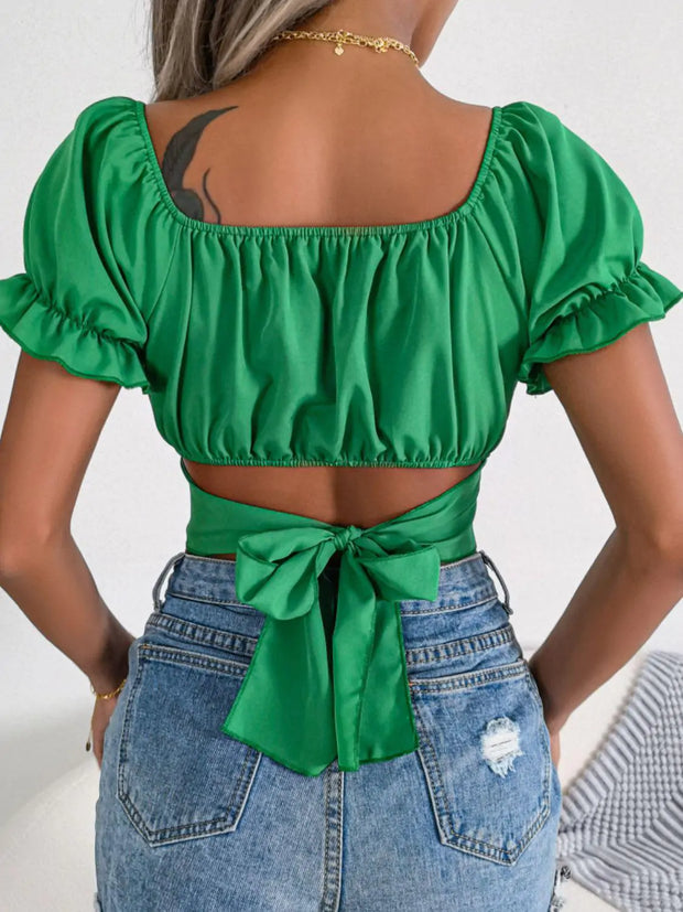 Square Neck Crisscross Flounce Sleeve Cropped Top - Angel's Dream